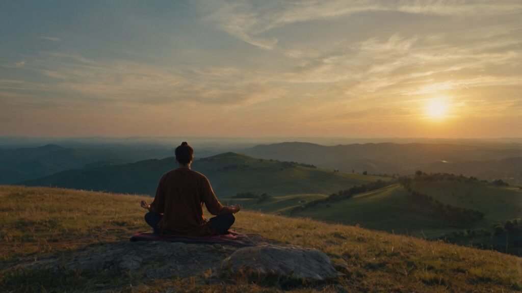 "Spiritual sunrise landscape, person meditating on hilltop, compass nearby, peaceful and ethereal atmosphere"