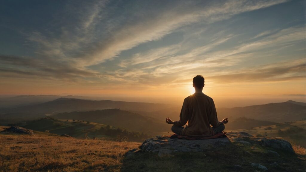 "Spiritual sunrise landscape, person meditating on hilltop, compass nearby, peaceful and ethereal atmosphere"