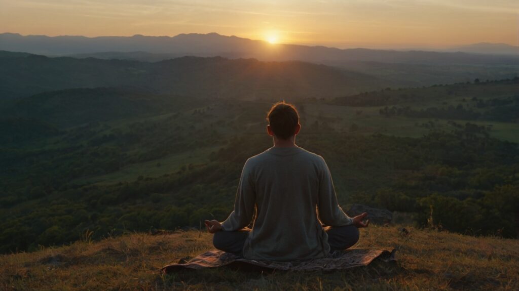 "Spiritual sunrise landscape, person meditating on hilltop, compass nearby, peaceful and ethereal atmosphere"